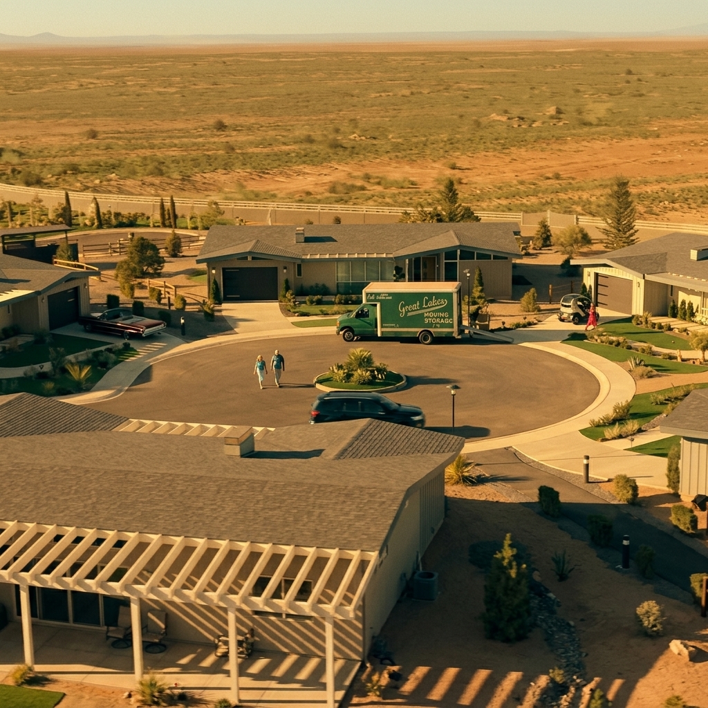 Low buildings surround a circular driveway beside open desert in The Boroughs.