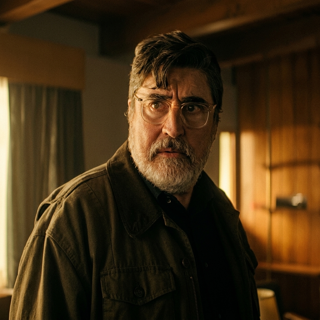 A gray-bearded man with glasses stands in a wood-paneled room in The Boroughs.