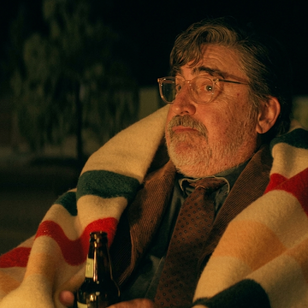 A man wearing glasses sits wrapped in a striped blanket at night in The Boroughs.