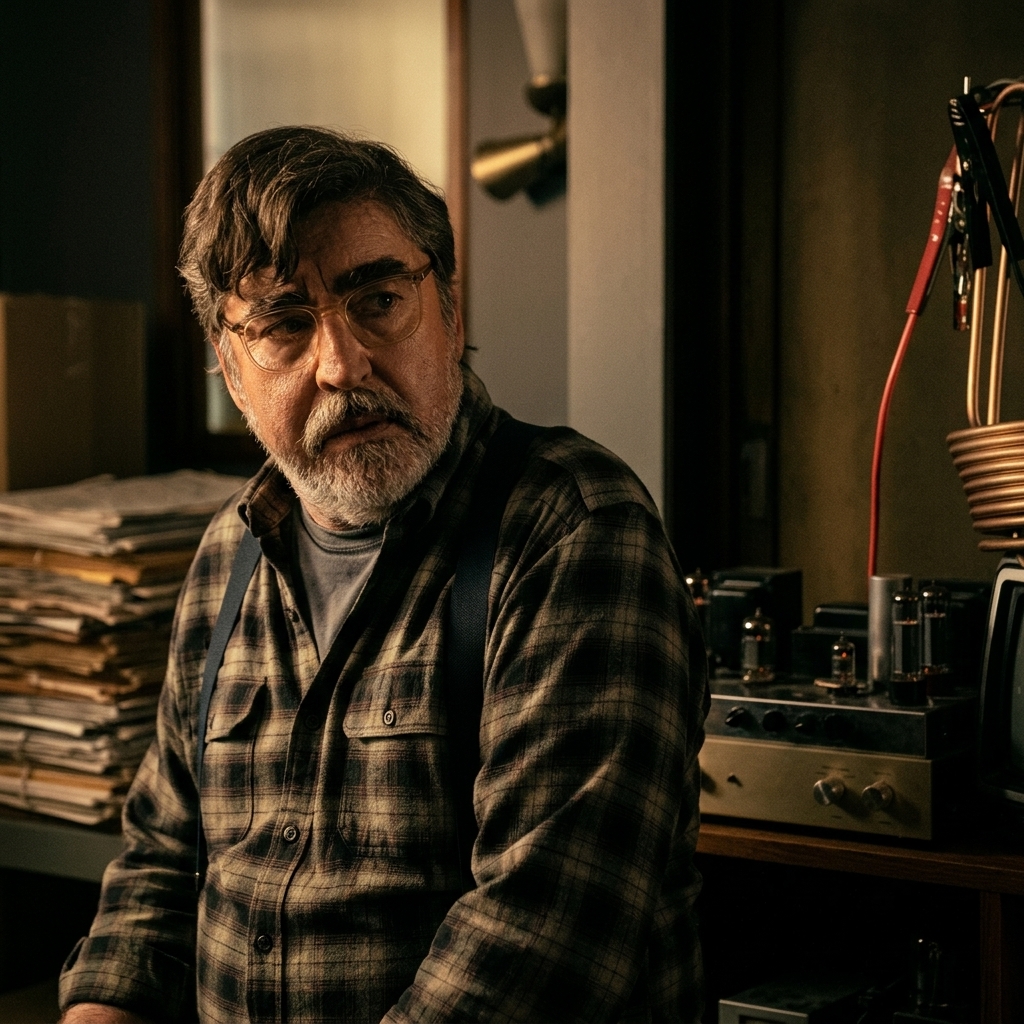 A gray-bearded man in a plaid shirt sits beside radio equipment in The Boroughs.