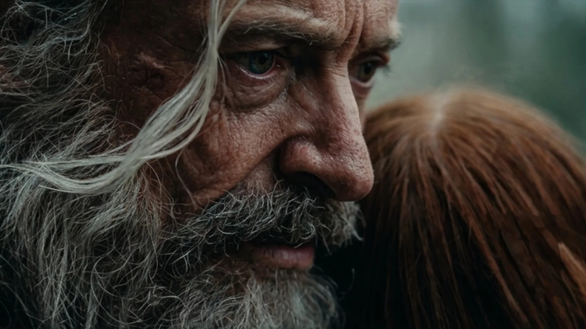 Hugh Jackman, as an aged Robin Hood with a long gray beard, looks off to the side in a dim close-up.
