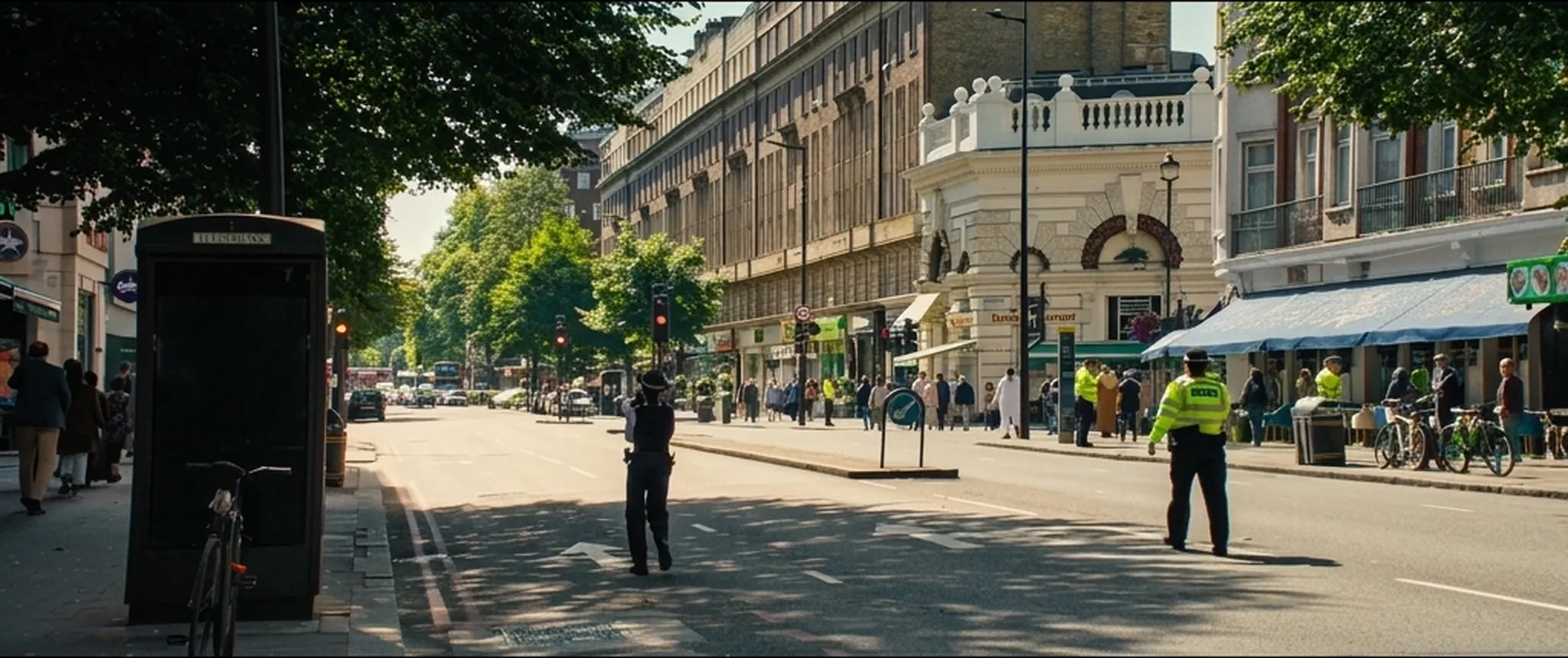 A cleared London road held by police officers during the evacuation in Fuze