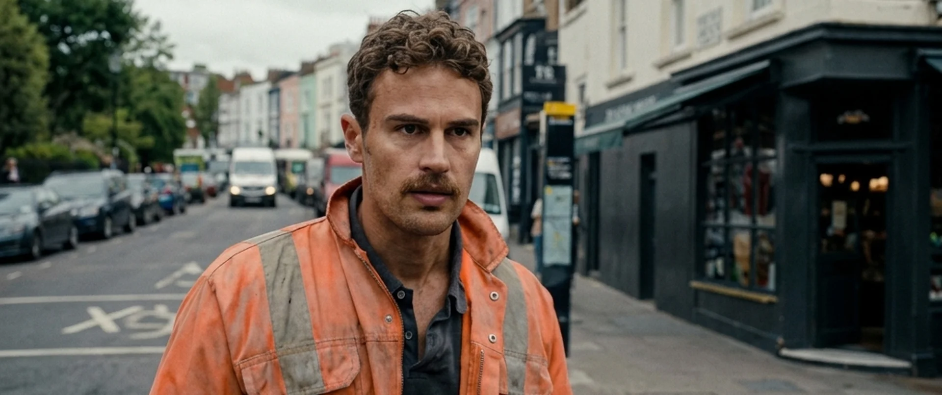 Giorgos Karalis (Theo James) in the orange utility jacket his crew uses as cover in Fuze