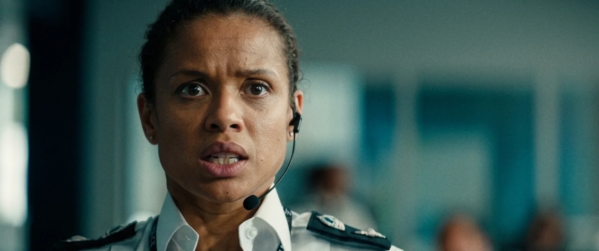 Chief Superintendent Zuzana Greenfield (Gugu Mbatha-Raw) on her headset in the police control room in Fuze