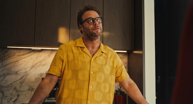 Seth Rogen as Jeff, a wealthy venture capitalist, in a sleek modern kitchen in Good Fortune