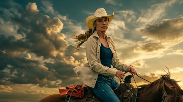 Amy Fleming (Amber Marshall) riding in a cowboy hat under a cloudy evening sky in Heartland season 19