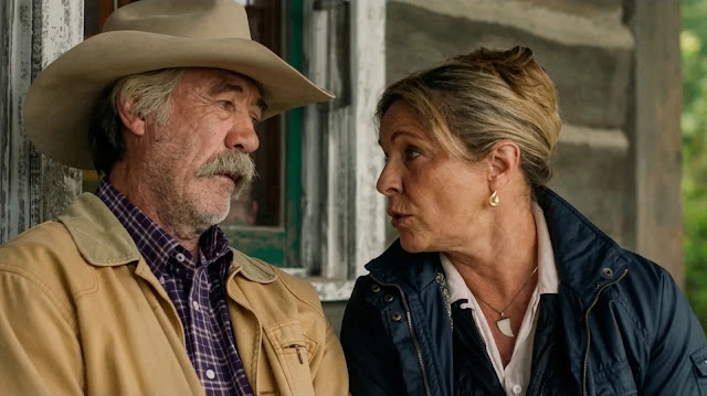 Jack Bartlett (Shaun Johnston) and Lisa Stillman (Jessica Steen) talking on the porch in Heartland season 19