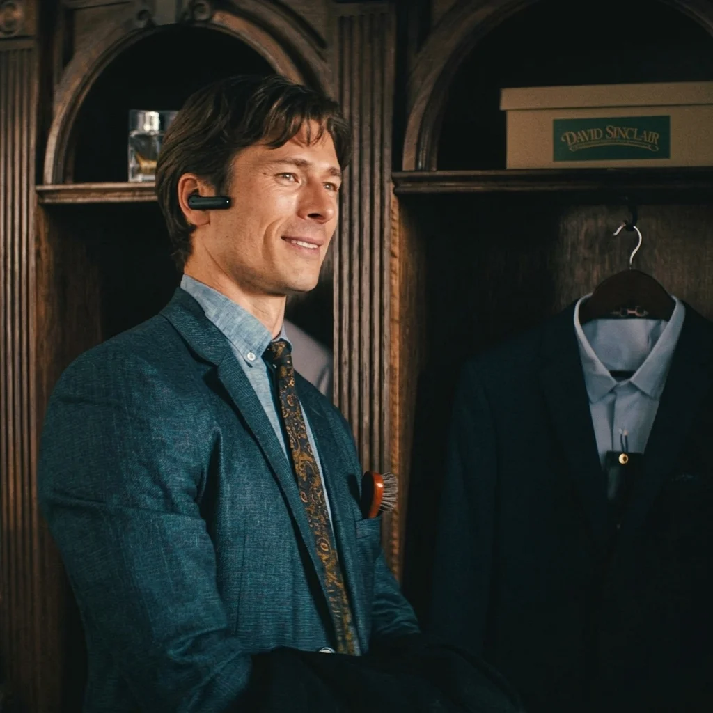 Glen Powell flashes an easy smile in a teal blazer and paisley tie, an earpiece in his ear and tailored suits behind him, the charming shape-shifter at the center of How to Make a Killing