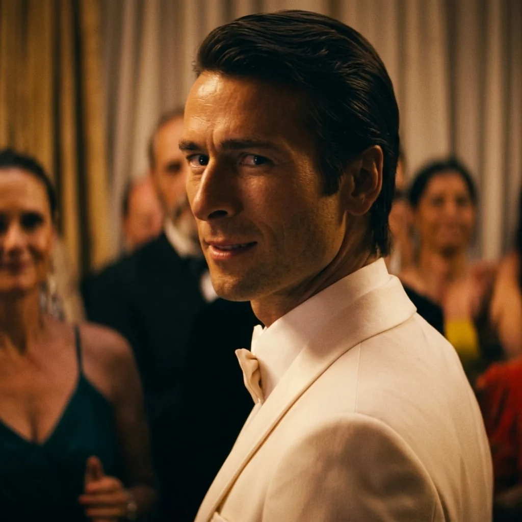 Becket in a cream dinner jacket and bow tie among guests at a black-tie party, the con man moving easily through high society in How to Make a Killing