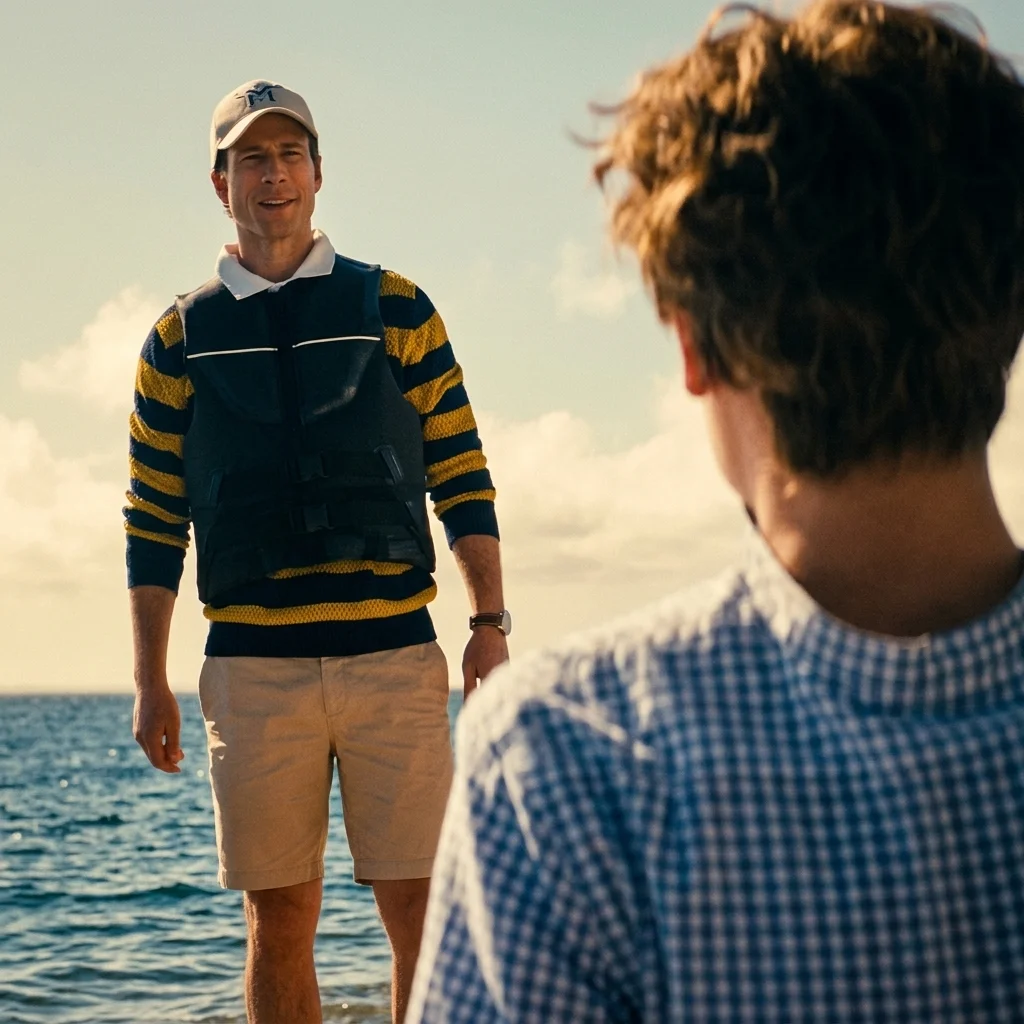 Becket smiling at a young man by the sea, dressed in a preppy striped sweater, life vest, and ball cap, one of the disguises he wears in How to Make a Killing