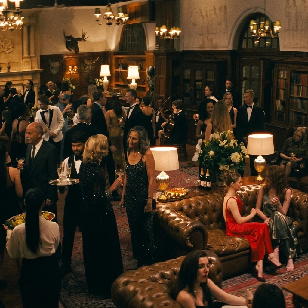 A lavish black-tie party filling a grand wood-paneled manor, the world of inherited wealth at the heart of How to Make a Killing