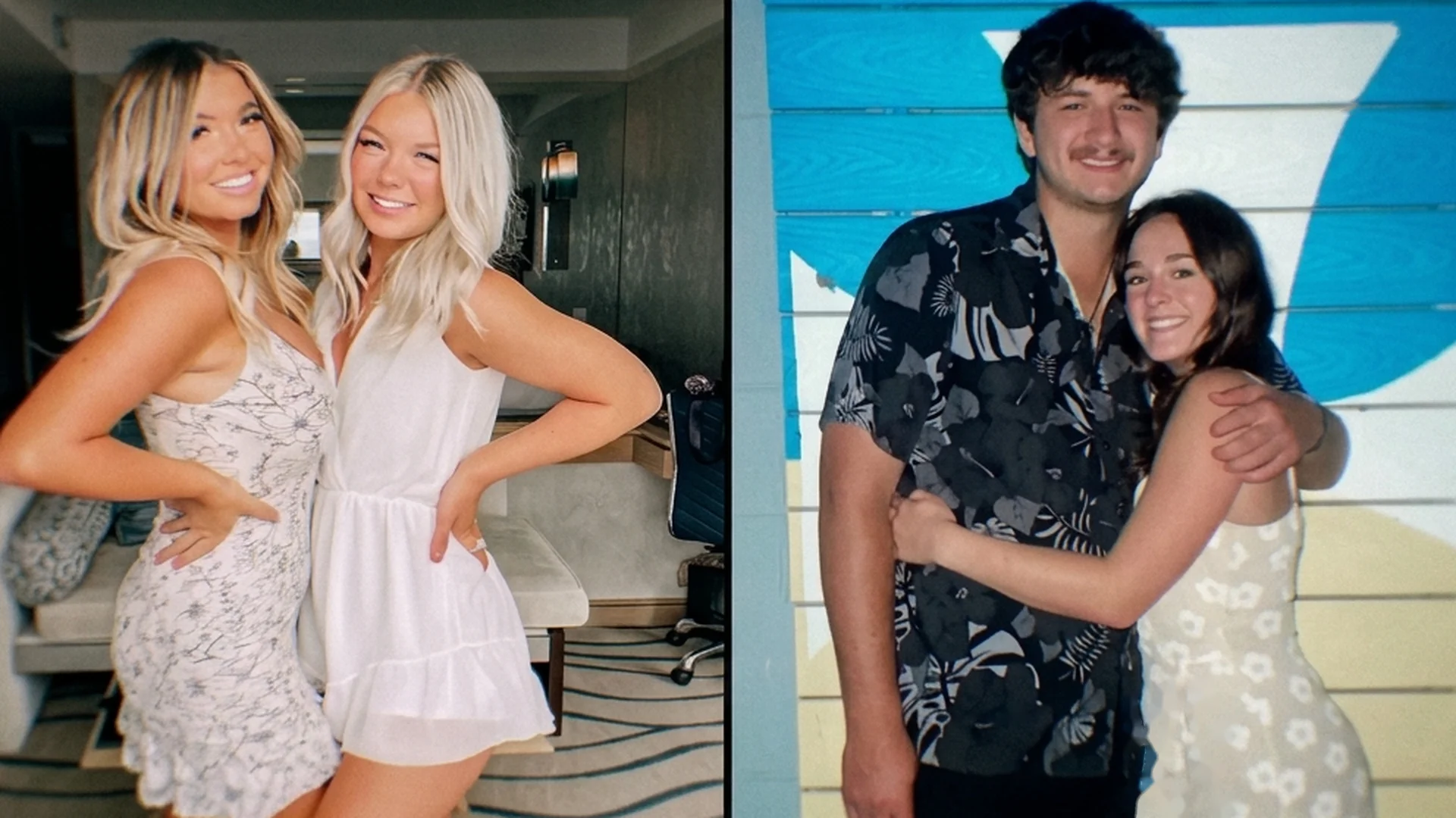 A split of home-video footage: two young women posing together, and a couple standing arm in arm.