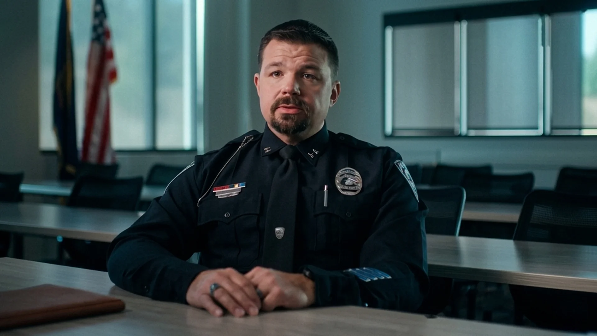 A police officer in uniform sits at a table during an on-camera interview, an American flag behind him.