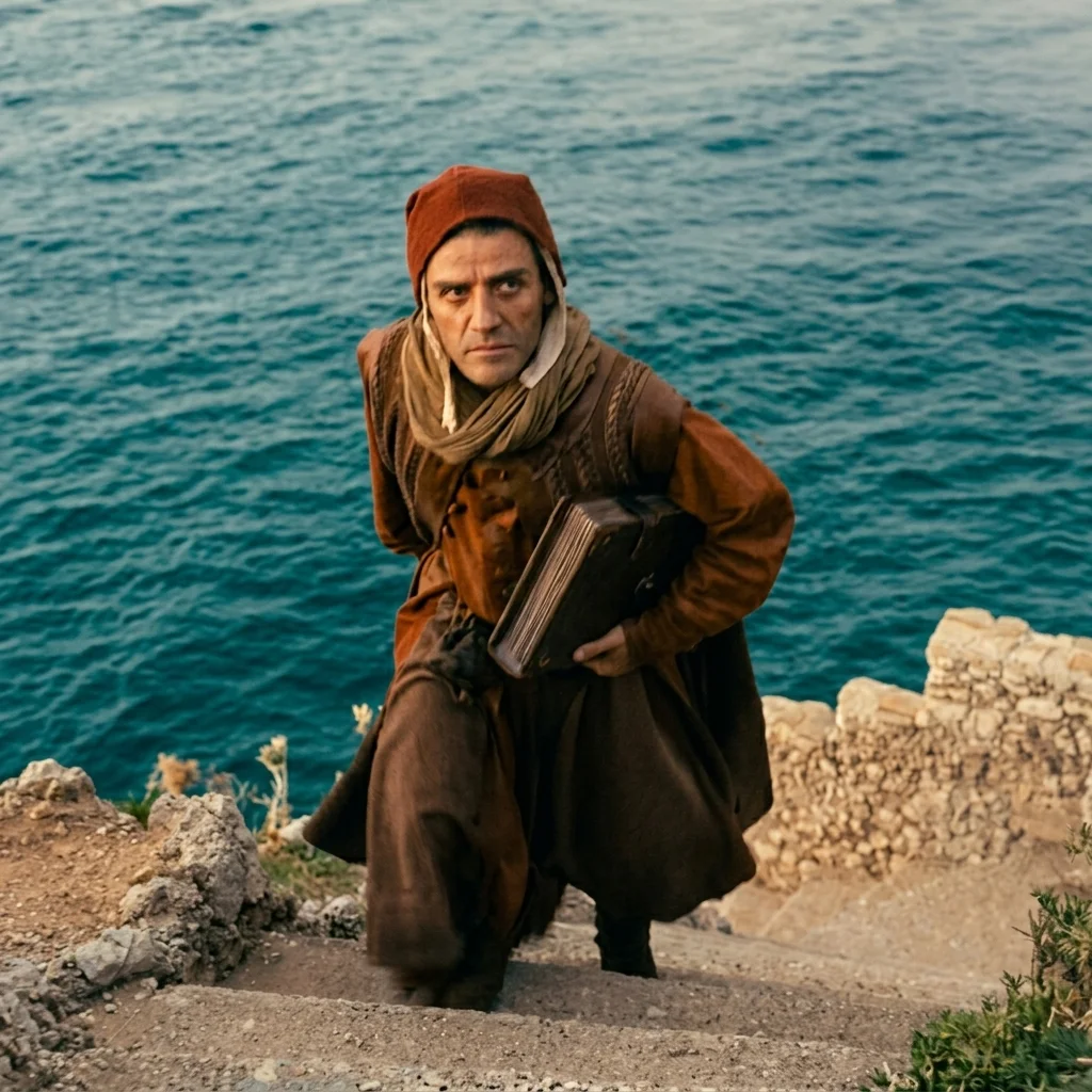 Oscar Isaac as Dante Alighieri in 14th-century costume in In the Hand of Dante