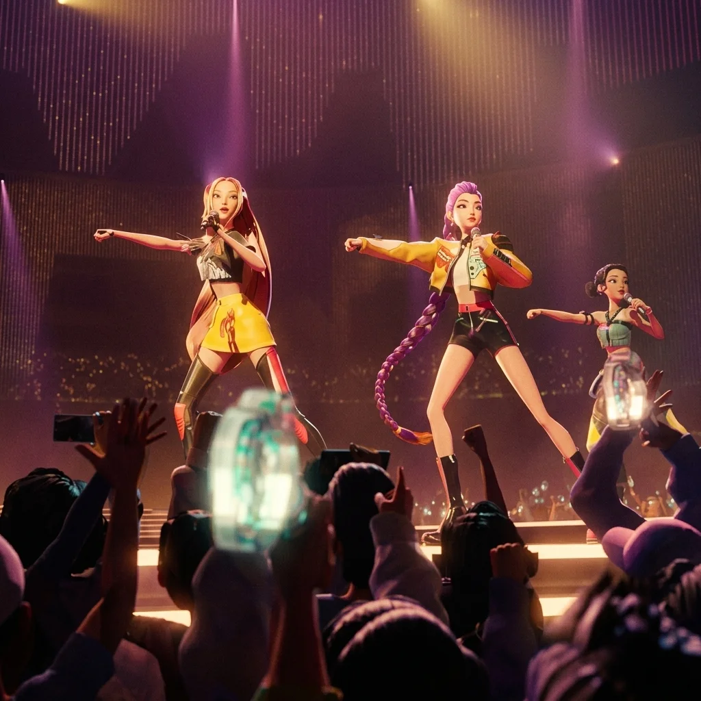 The animated girl group HUNTR/X performing under stage lights to a packed arena in KPop Demon Hunters