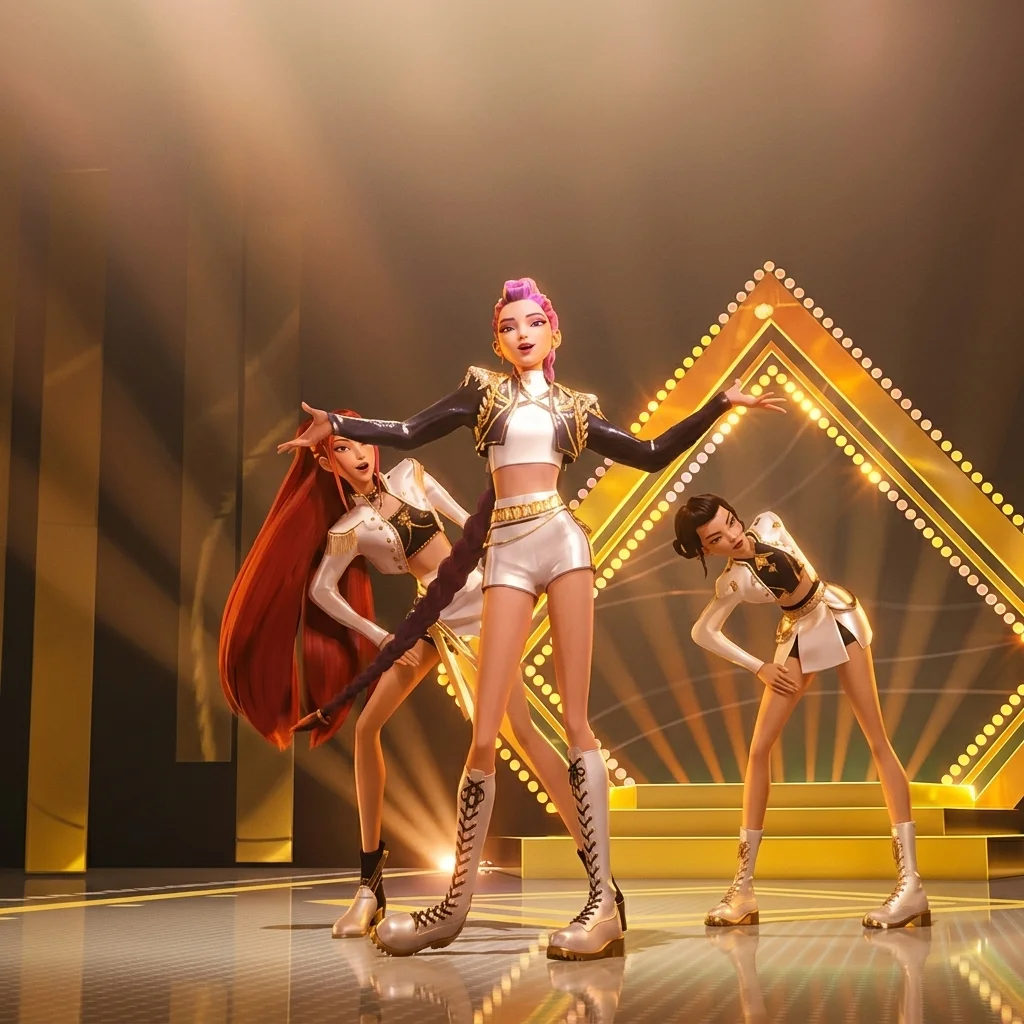 HUNTR/X in white-and-gold stage outfits at the height of a performance in KPop Demon Hunters