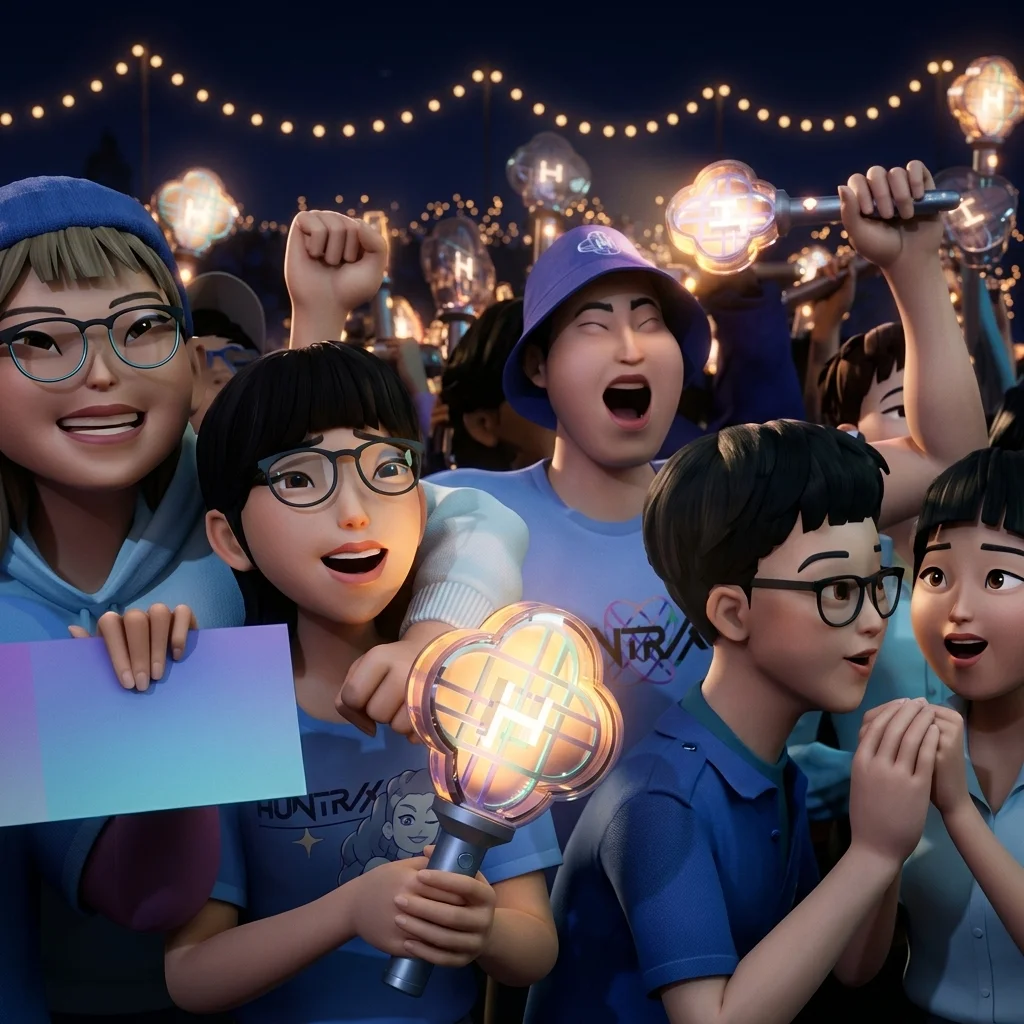 Fans waving HUNTR/X lightsticks and cheering in the crowd in KPop Demon Hunters