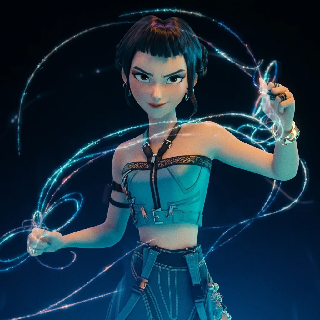 A HUNTR/X member channeling ribbons of glowing energy in a detailed hero shot from KPop Demon Hunters
