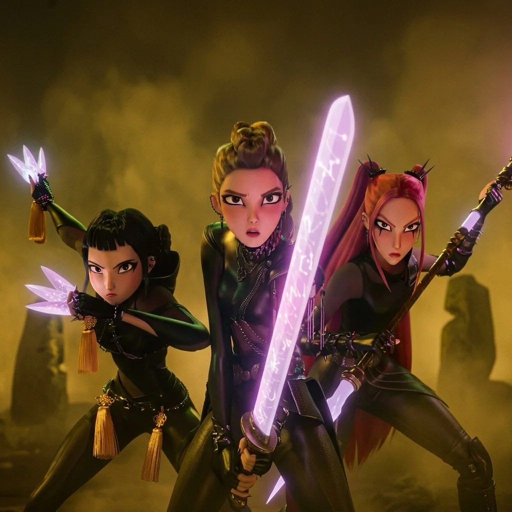 The three members of HUNTR/X in battle stances with weapons drawn in KPop Demon Hunters