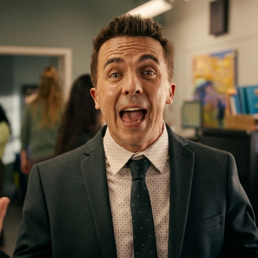 A man in a dark suit and tie faces the camera in Malcolm in the Middle: Life’s Still Unfair.