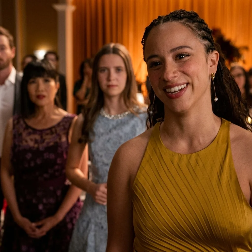 A woman in a yellow dress stands in front of other guests in Malcolm in the Middle: Life’s Still Unfair.