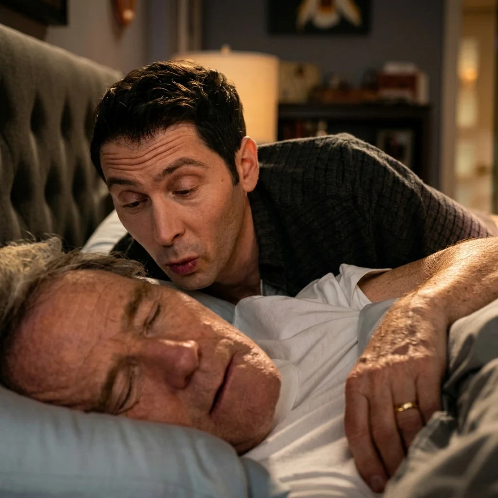 A younger man leans over an older man lying in bed in Malcolm in the Middle: Life’s Still Unfair.