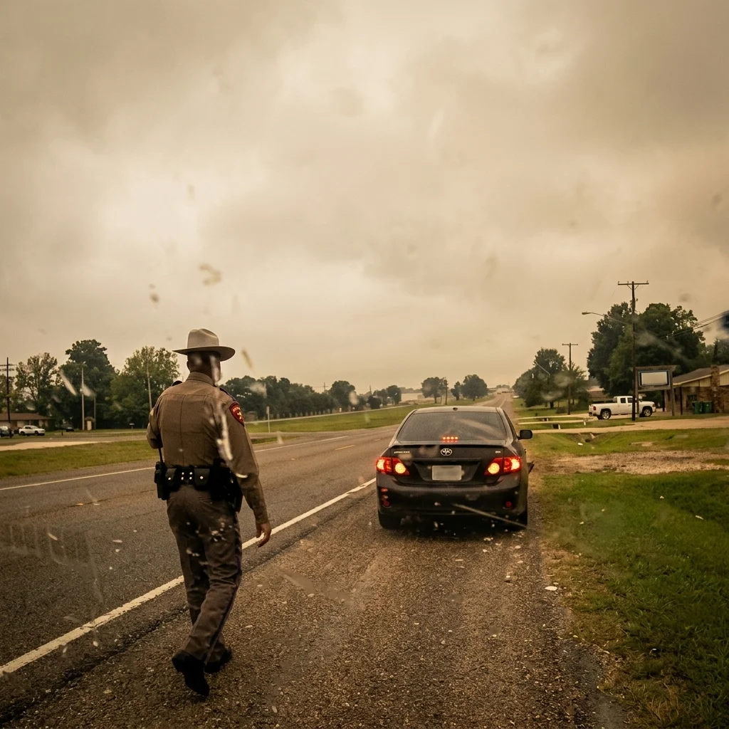 A state trooper standing beside a car pulled over on a rural highway shoulder under a stormy sky, the traffic stop that opens the Netflix documentary Maternal Instinct