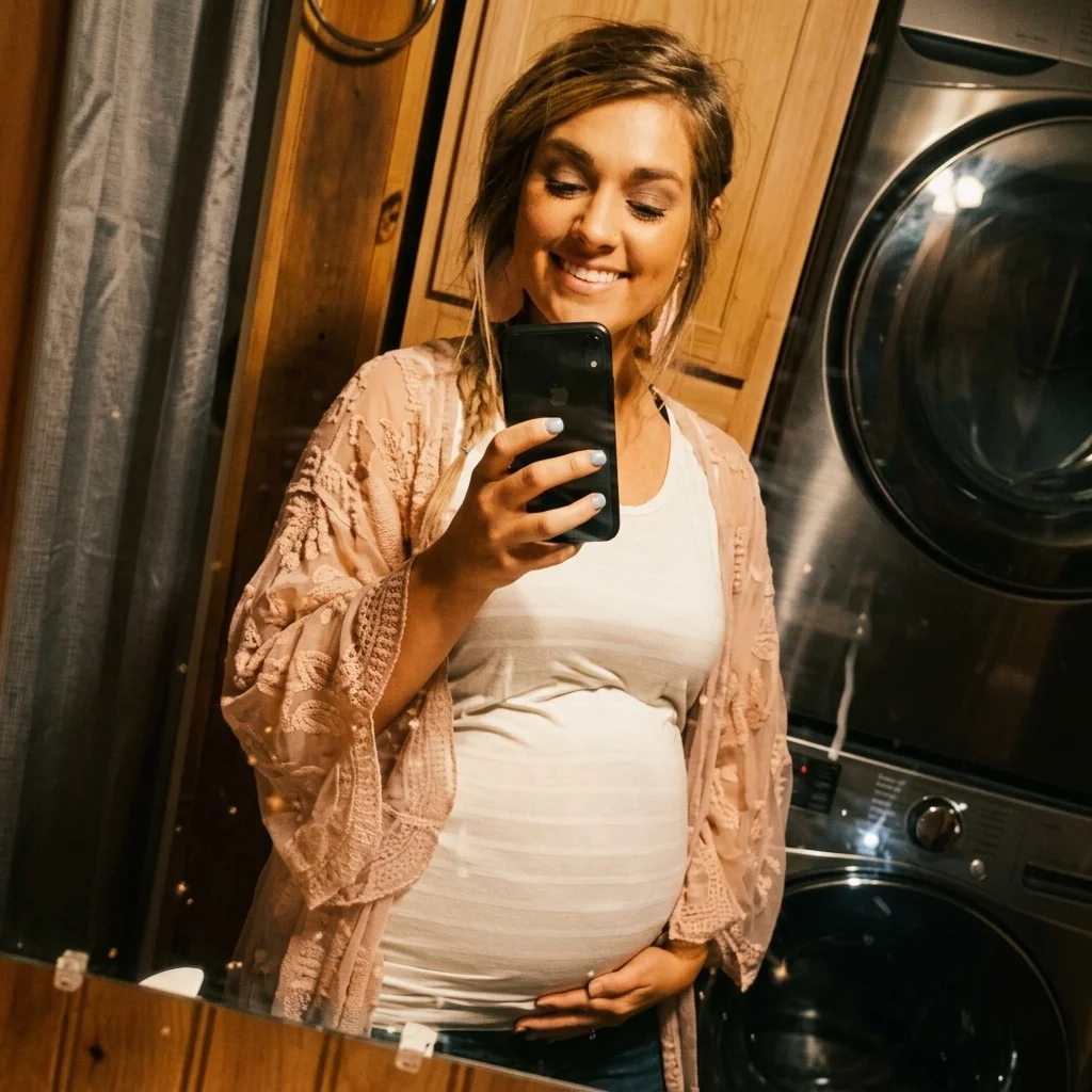 A pregnant woman smiling as she takes a smartphone mirror selfie, the kind of social-media pregnancy performance at the heart of Maternal Instinct