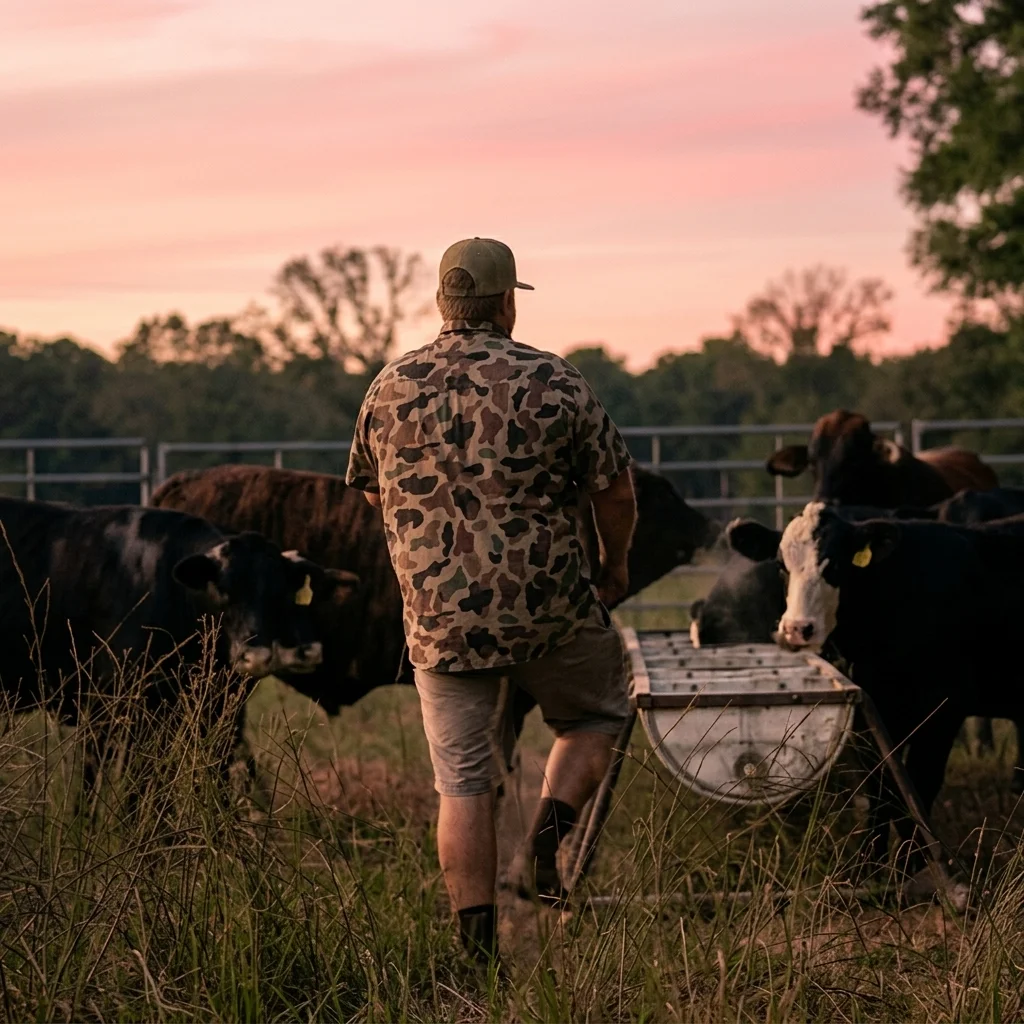 A rancher feeding cattle at dusk on rural East Texas farmland, the kind of small community at the center of the Maternal Instinct case