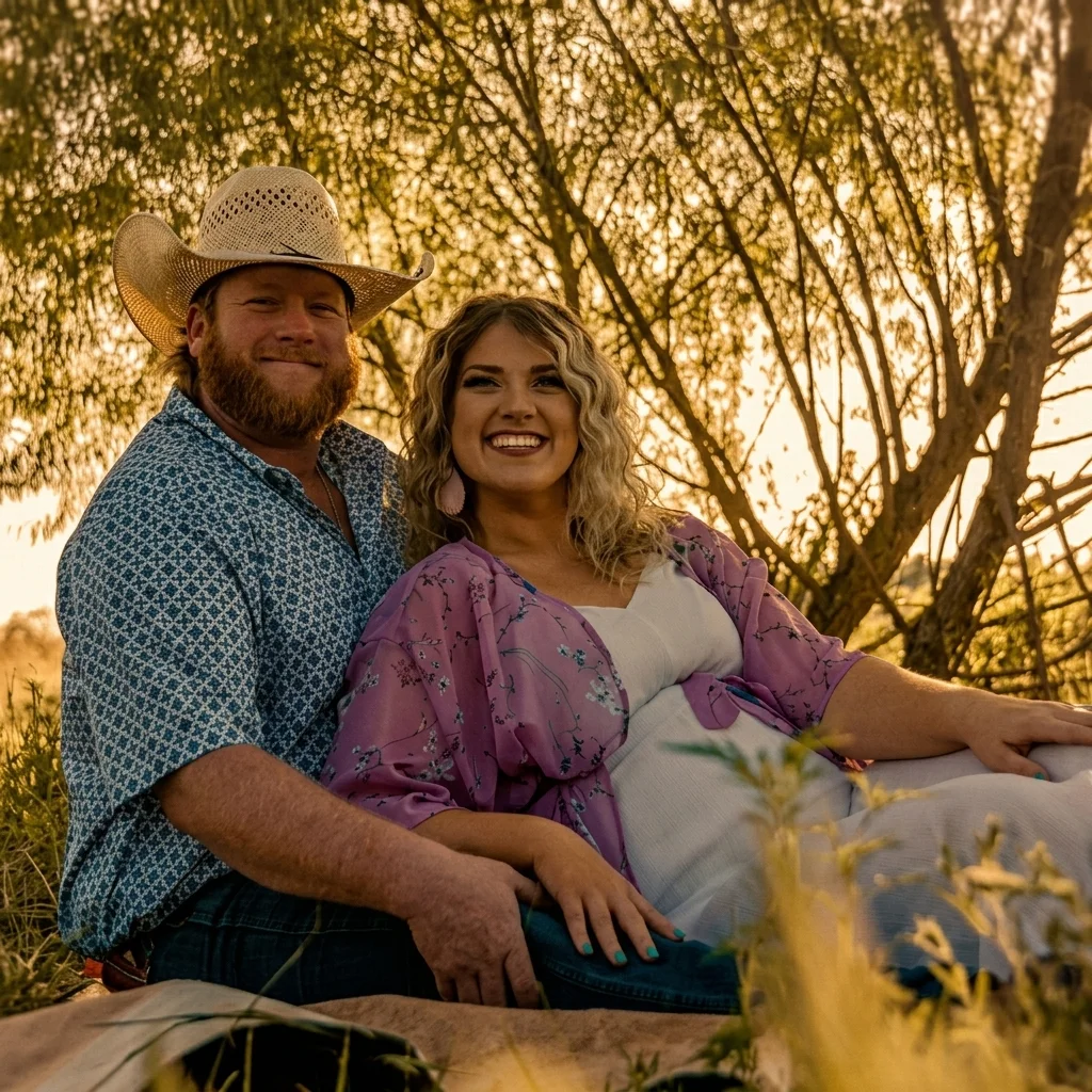 Taylor Parker and her husband in a warm golden-hour portrait, the relationship at the center of the faked pregnancy in Netflix's Maternal Instinct