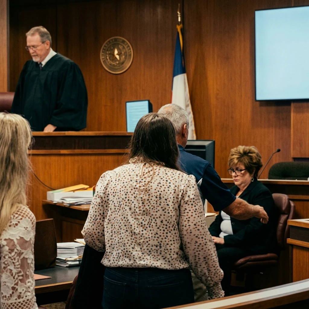 A judge on the bench in a Texas courtroom, the legal proceedings that put Taylor Parker on death row in Netflix's Maternal Instinct