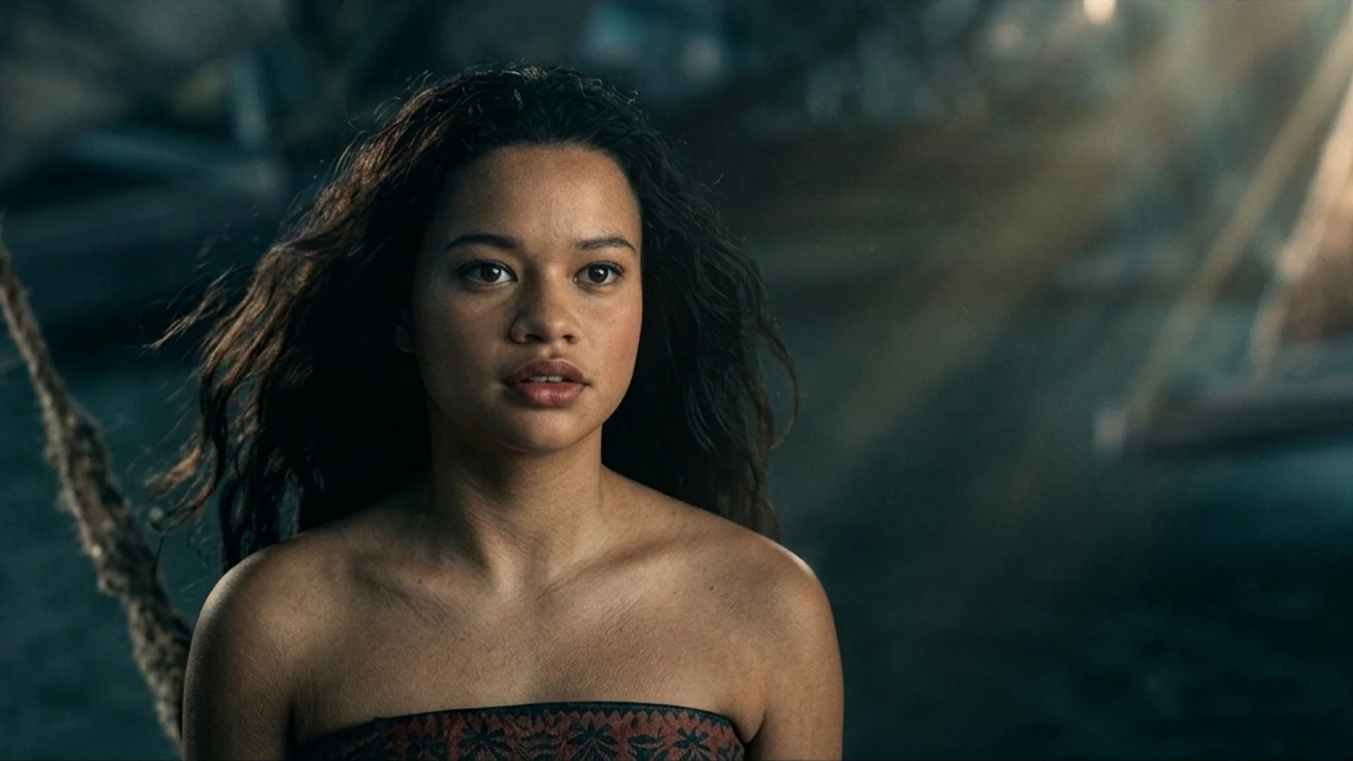 Nighttime close-up of Catherine Laga'aia as Moana in the live-action Moana trailer