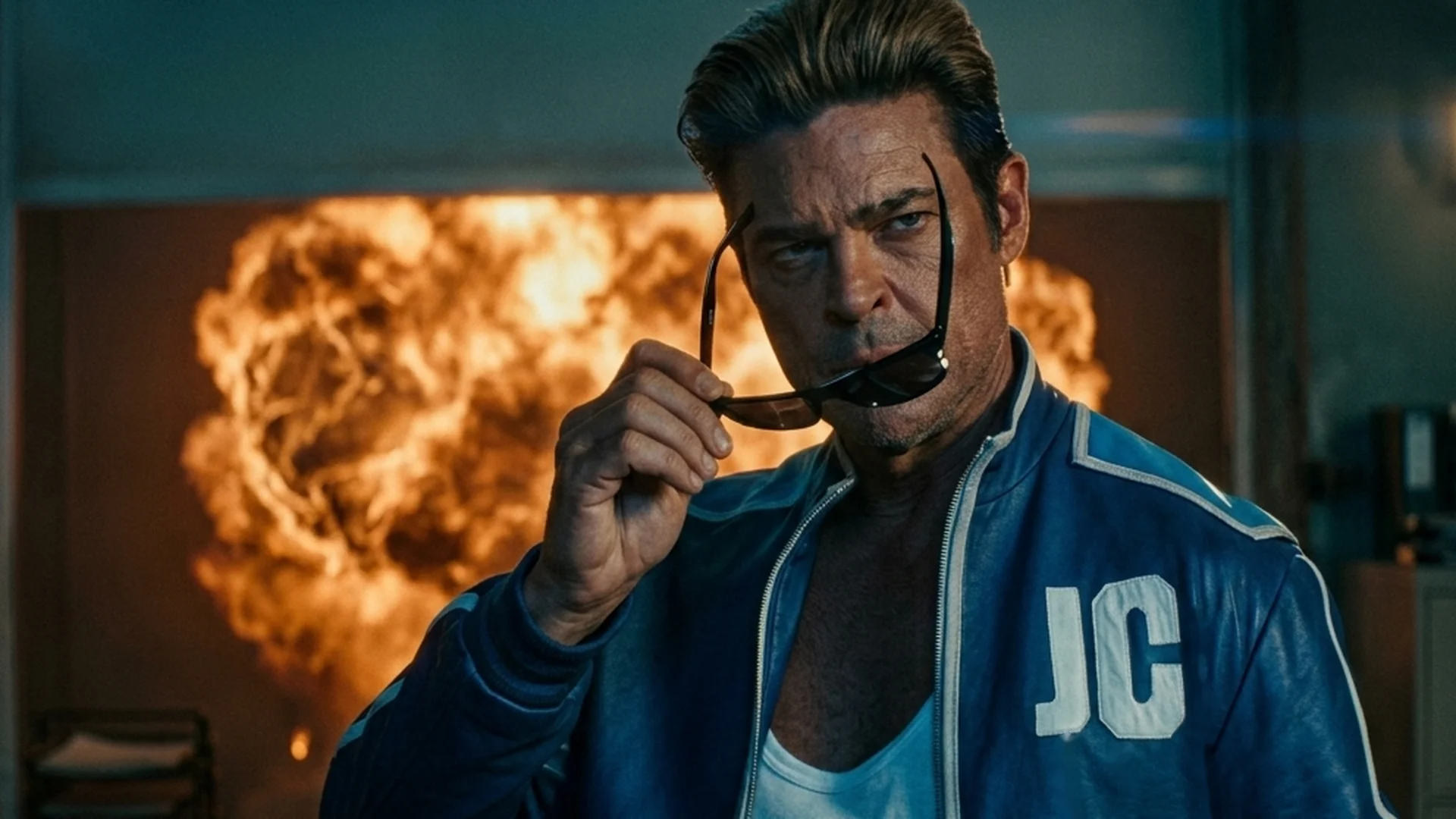 Johnny Cage (Karl Urban) lowers his sunglasses in front of a fireball, wearing his JC jacket