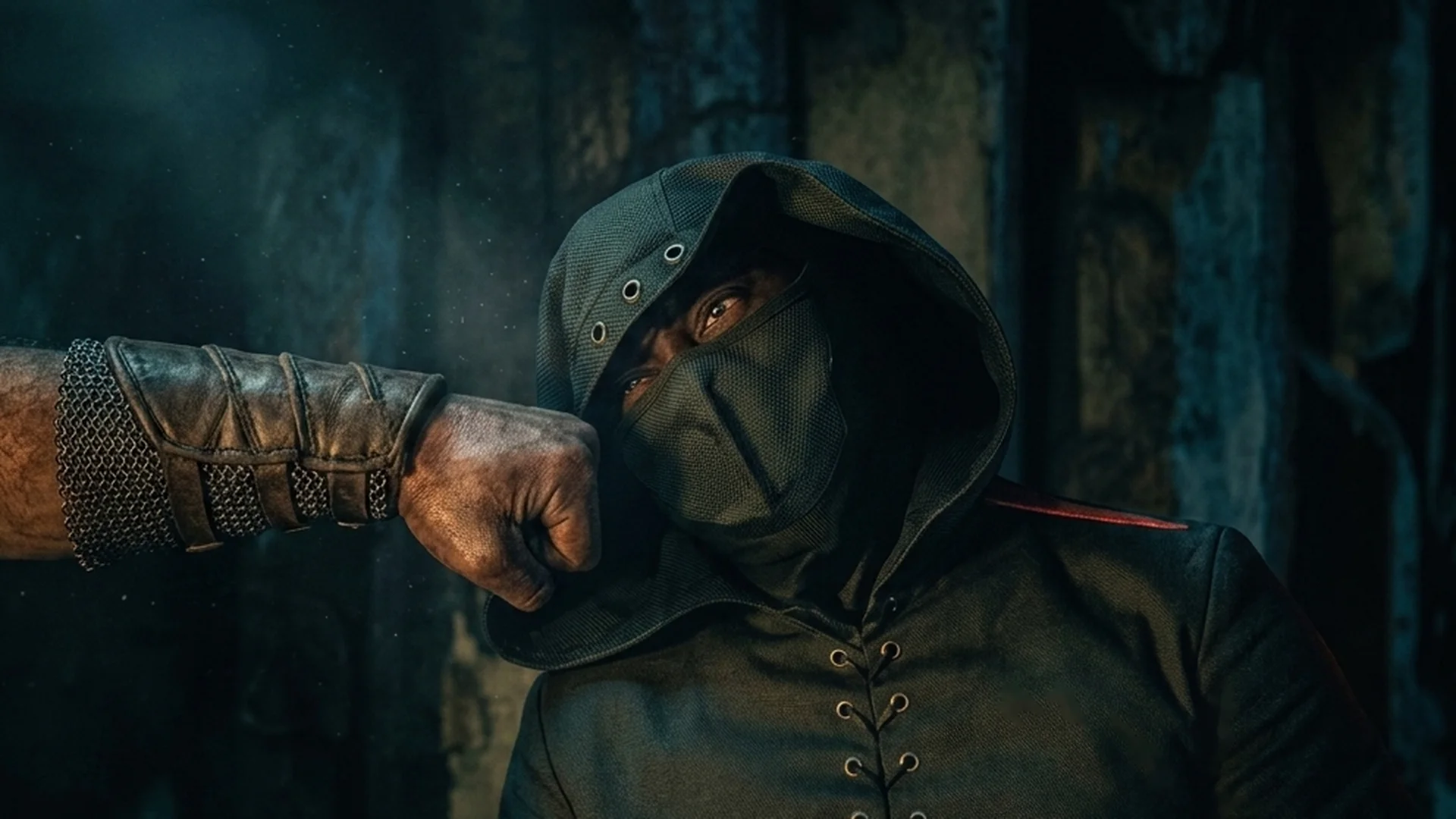 A hooded, masked fighter takes an opponent's fist to the face