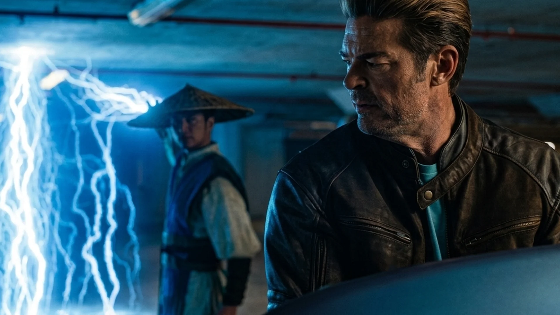 Raiden, in his conical straw hat, stands in crackling blue lightning beside a champion