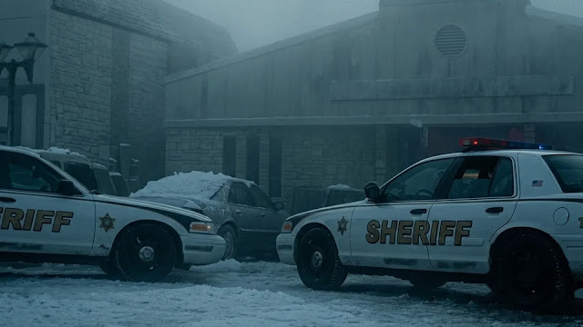 Sheriff patrol cars parked on a snowy, fog-covered street