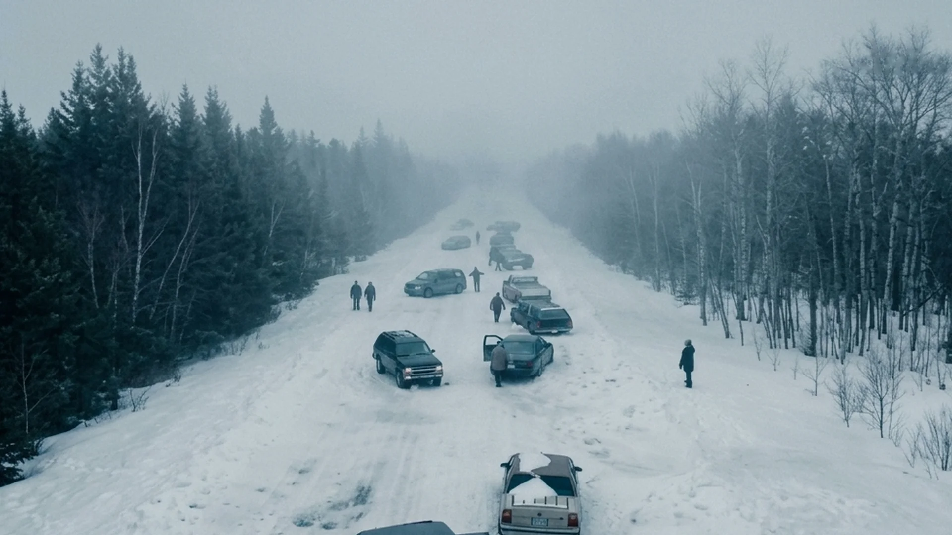 Cars stranded on a snow-covered road during the blizzard in Ordinary Angels