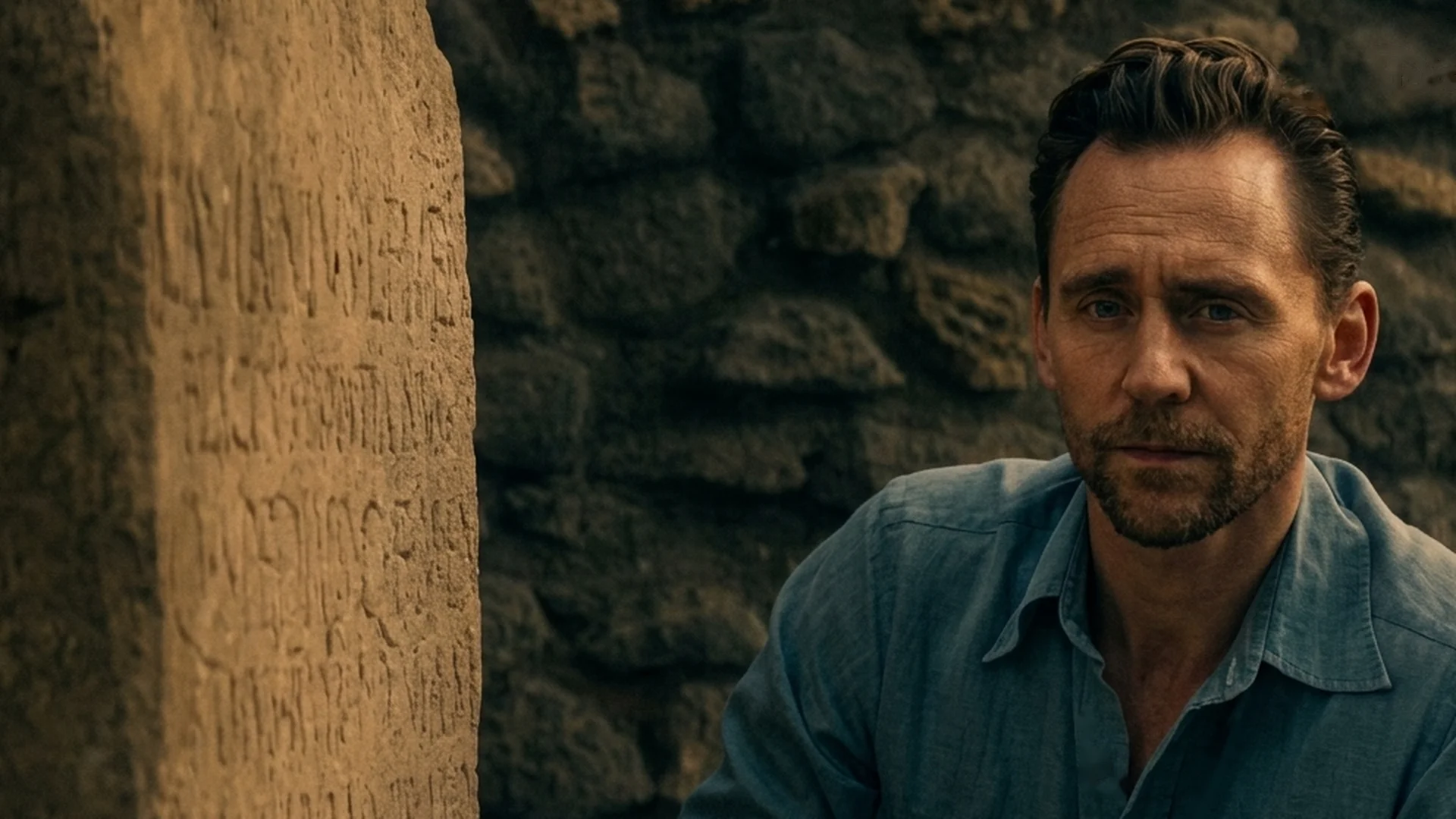 Tom Hiddleston studies a Latin inscription carved into a stone at Pompeii