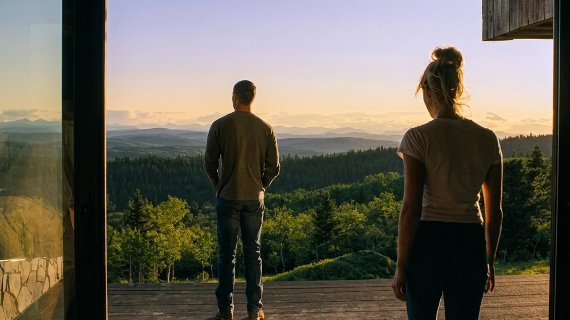 Kenna and Ledger stand on a deck looking out over a mountain valley at golden hour in Reminders of Him