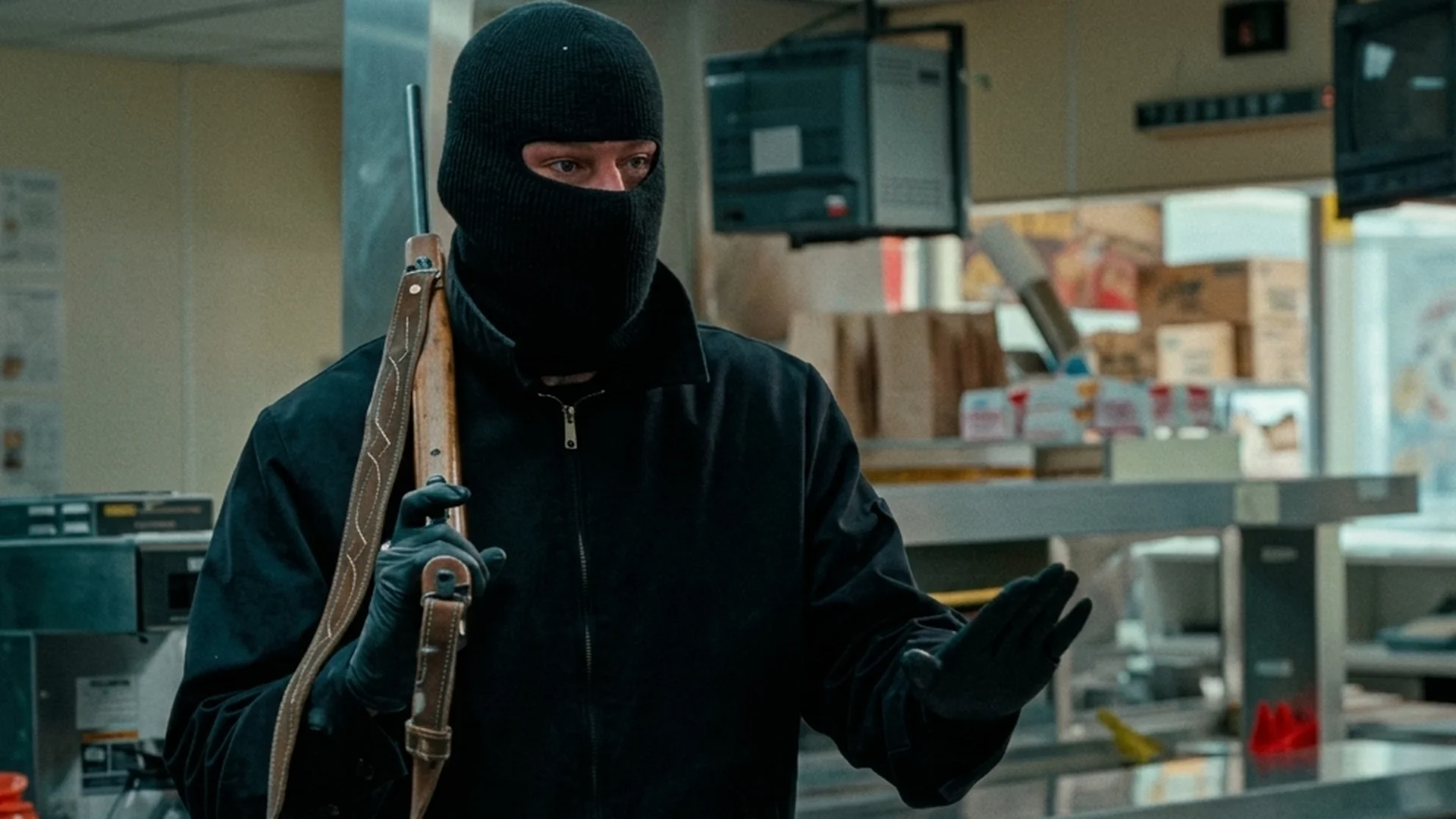 A masked robber stands in a fast-food kitchen in Roofman