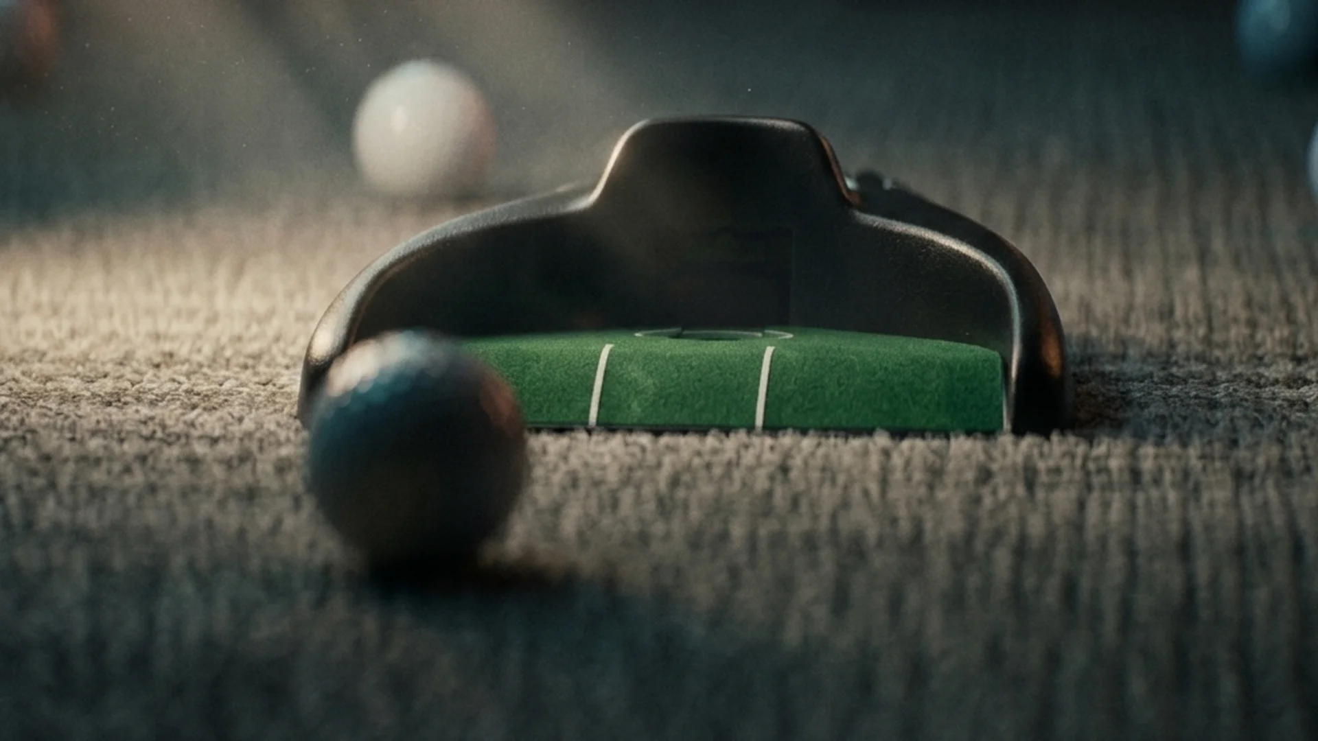 Close-up of a black putter and several golf balls on an indoor putting green mat in Send Help