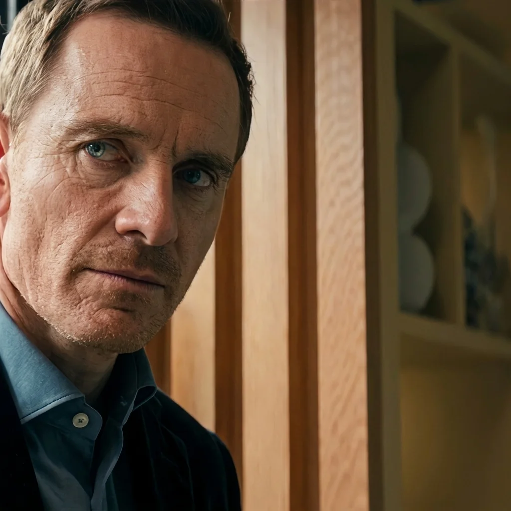 Michael Fassbender as Martian in a dark suit by a window, wary and composed, the deep-cover operative at the center of The Agency