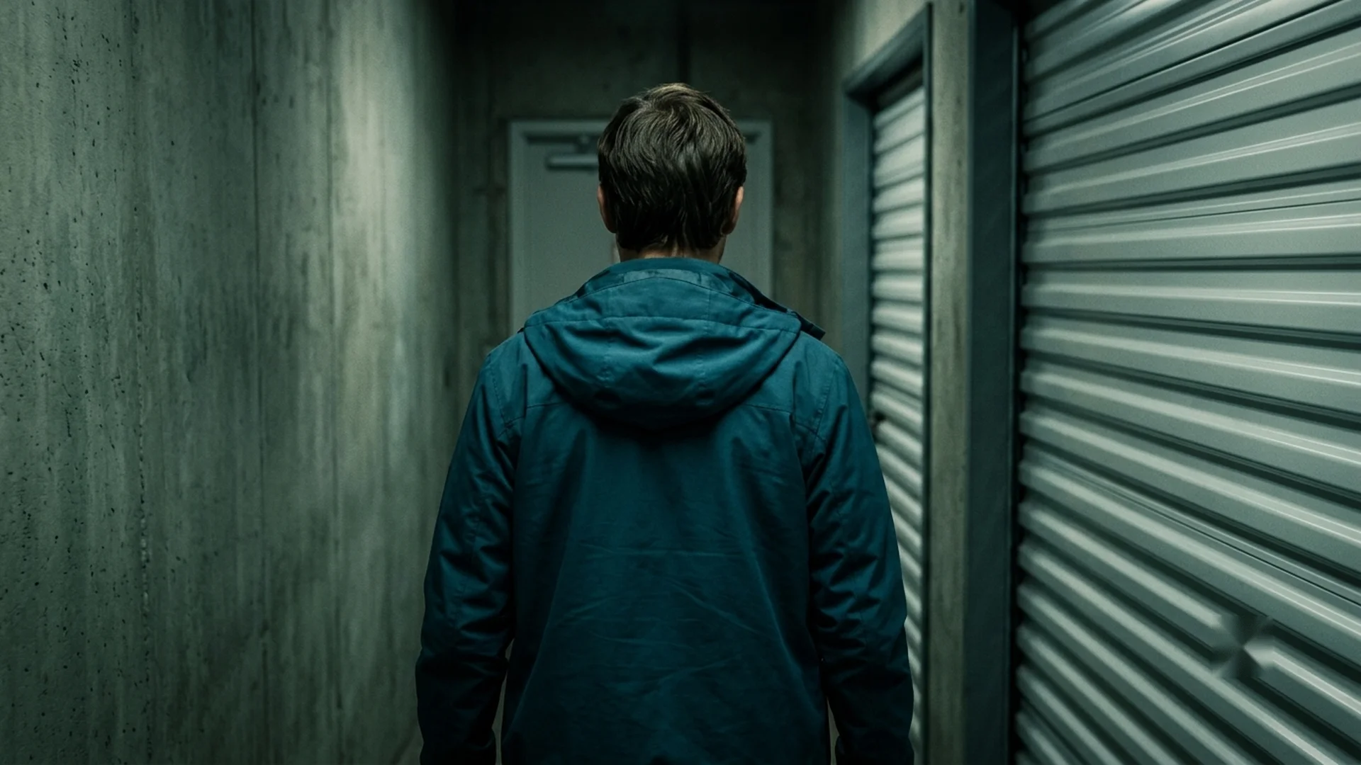James heads down the storage facility corridor toward the lockers in The Body in the Locker