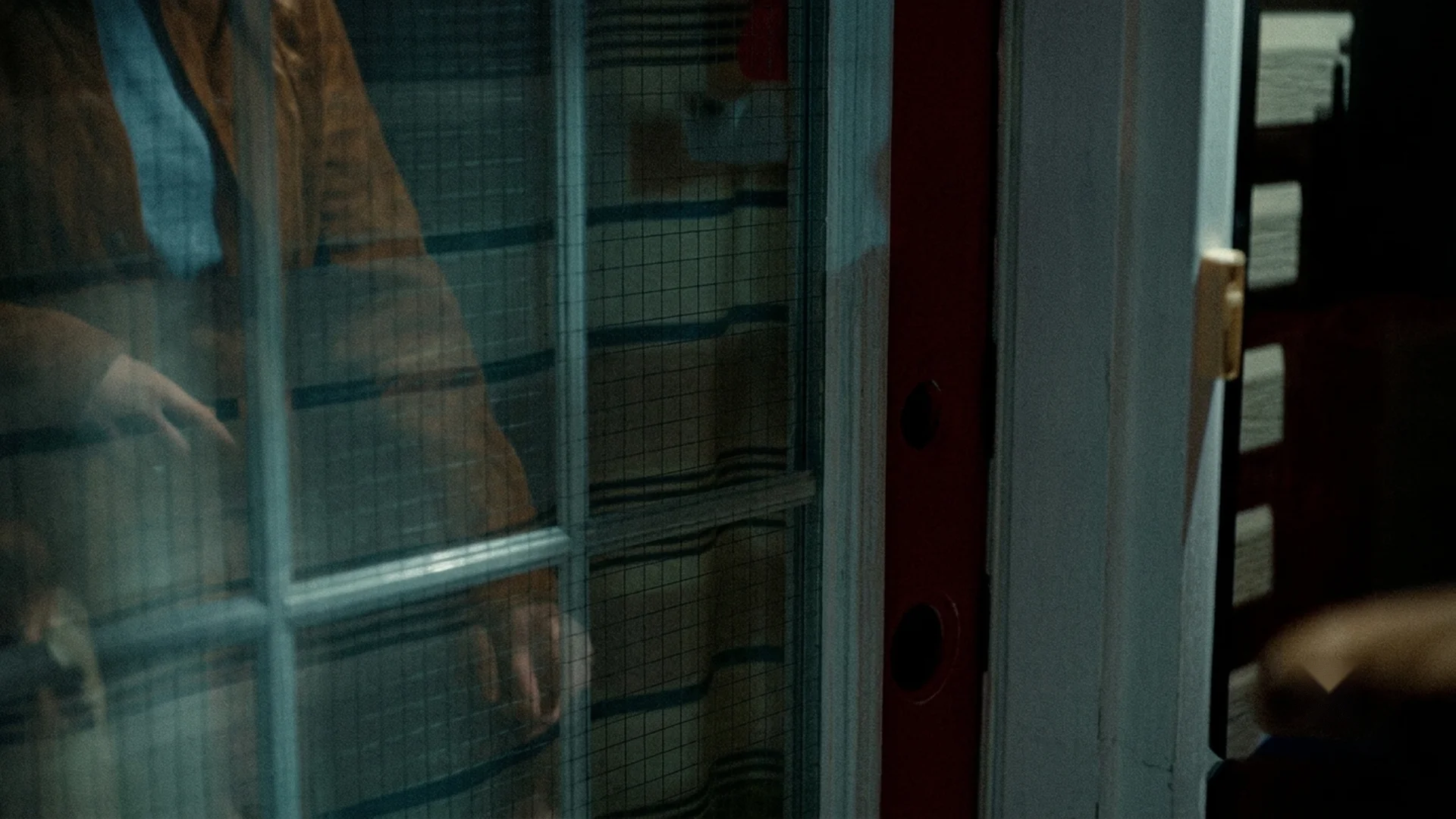 A glass-paned door with a figure dimly visible behind it in The Body in the Locker