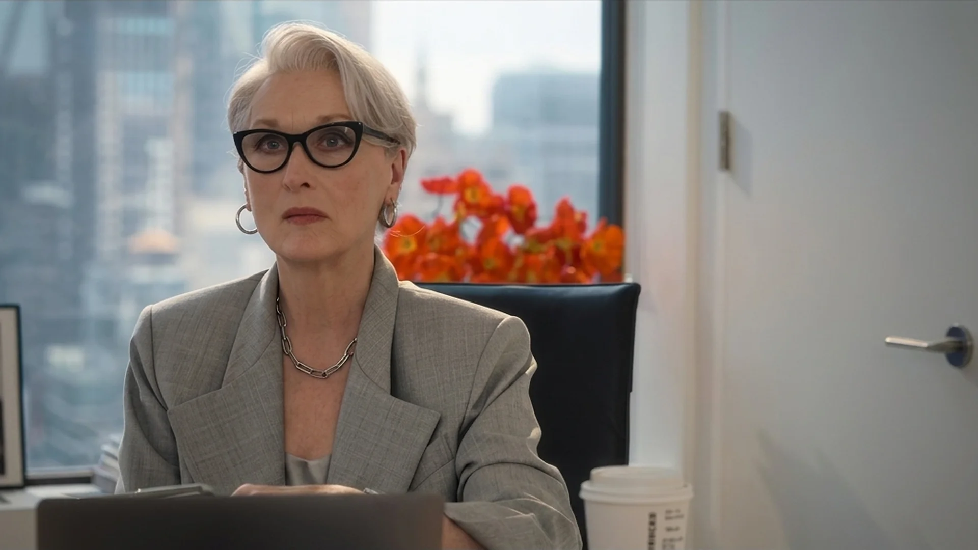 Meryl Streep as Miranda Priestly at her Runway desk in The Devil Wears Prada 2