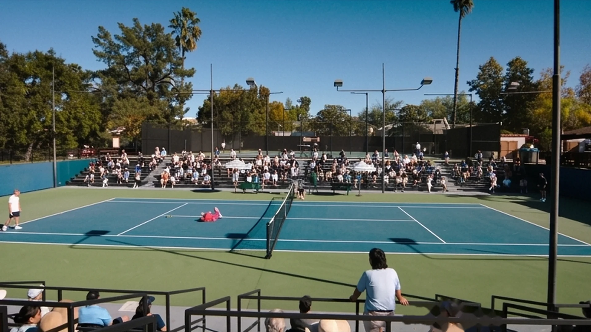 A sunny outdoor pickleball court ringed by spectator stands under palm trees.