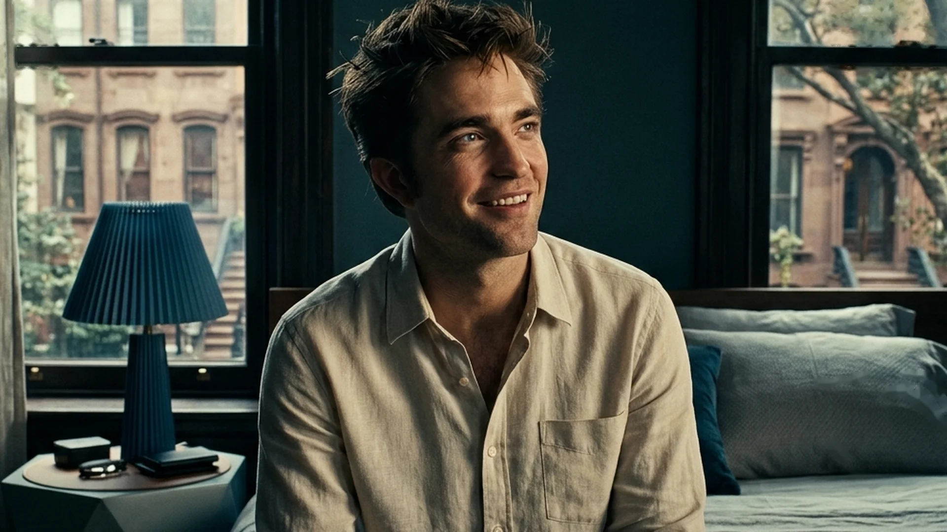 Robert Pattinson as Charlie smiles in a sunlit room in The Drama