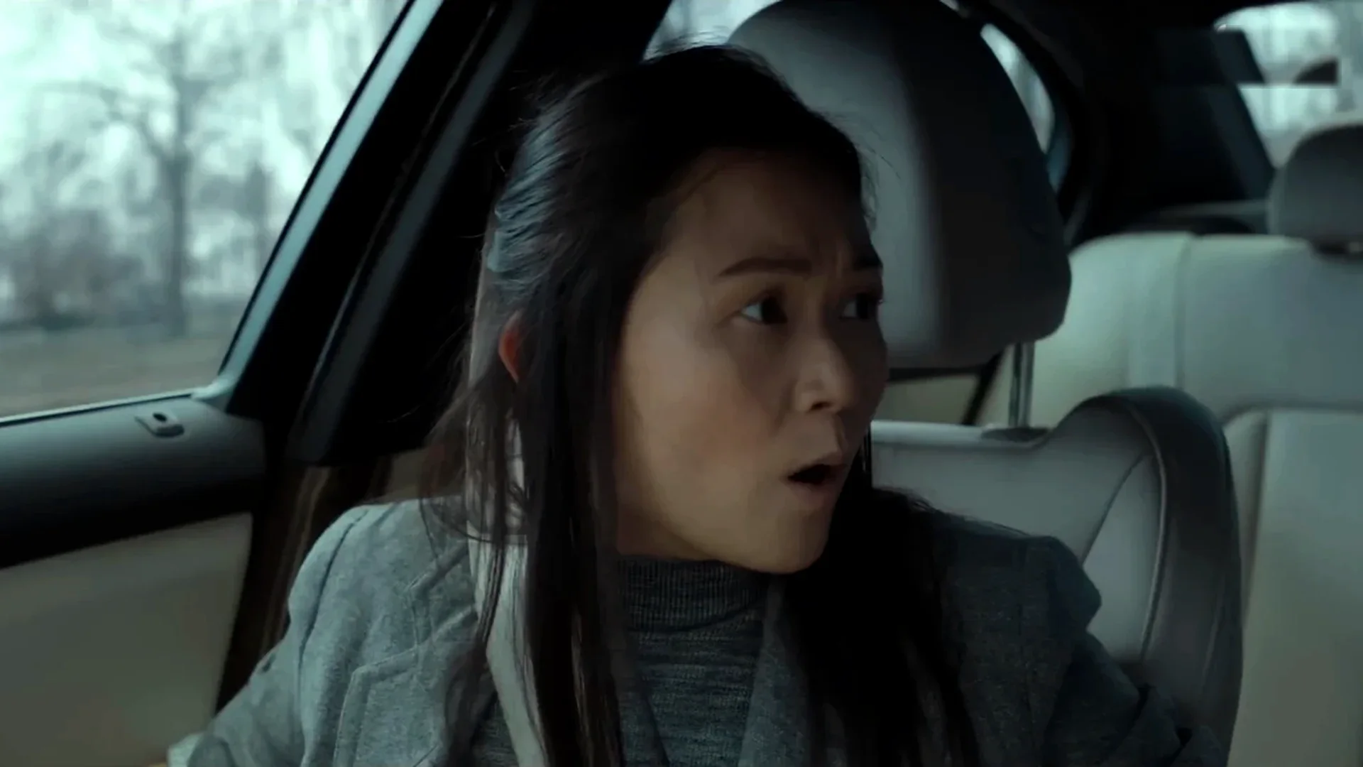 Rory's therapist, Dr. Rivera (Hong Chau), stares ahead in alarm from inside the car after being swept into the getaway in The Instigators