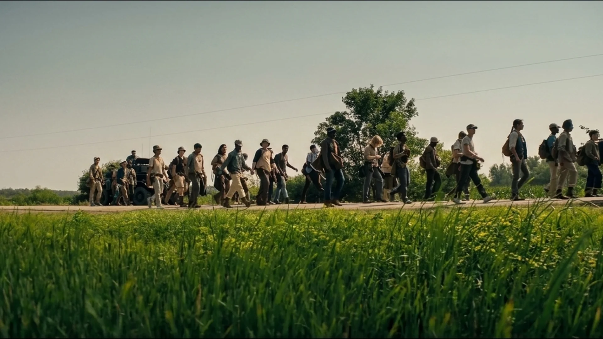 The column of walkers stretches down a country road in The Long Walk